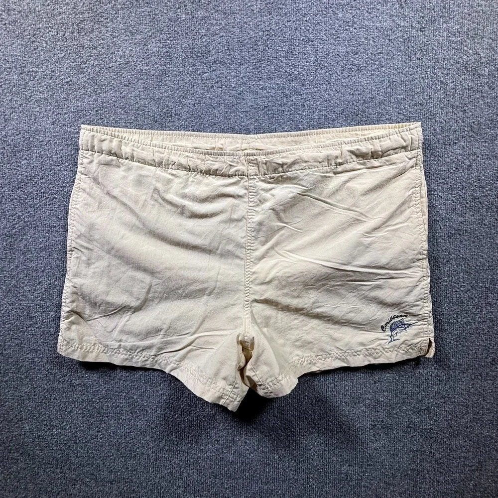 Caribbean Swimwear Board Shorts Mens Medium Beige Embroidered Fish Swim Trunks